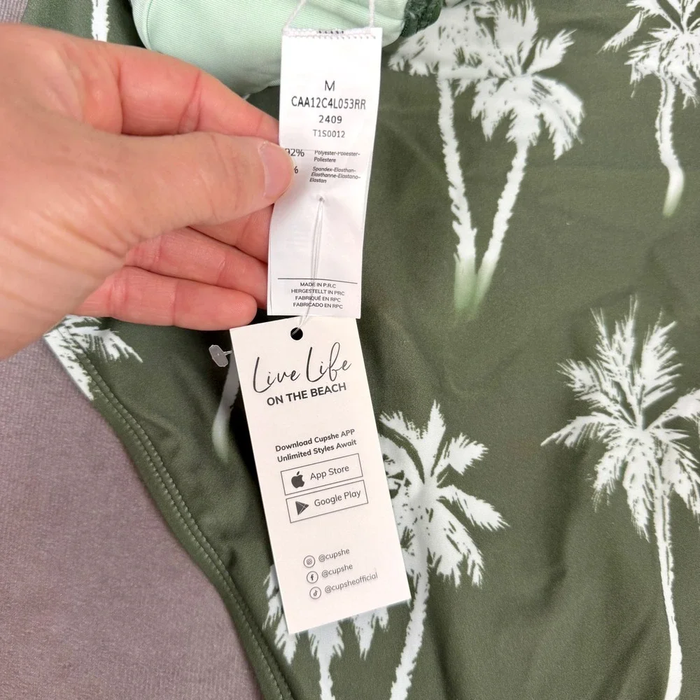 Cupshe Olive Green Palm Tree Print High Waisted Bikini Set Twist Front Lace Up M